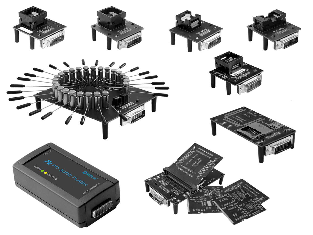PC3000_FLASH_Spider-board_TSOP-48_BGA-152-100_Circuit-board_TLGA-52_Monolit_module